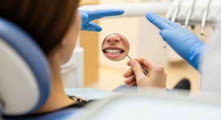 Dentist showing patient their healthy teeth in dental mirror during checkup in modern dental clinicの素材