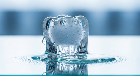 Toothshaped ice cube melting on reflective surface, symbolizing cold sensation and dental pain reliefの素材