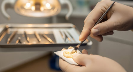 Dentists hand uses tool to apply filling material to dental impression or model, showcasing dental procedureの素材