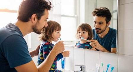 Father and young child brushing teeth together in front bathroom mirror, teaching good oral hygiene habits for healthy teeth and bright smileの素材