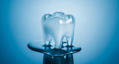 Tooth made ice melting on blue, symbolizing coldness and dental sensitivityの素材
