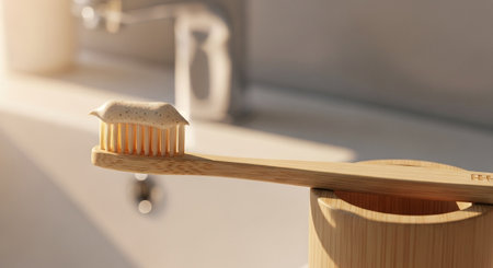 Closeup bamboo toothbrush with toothpaste on the bristles, resting on bamboo holder in bathroom setting with soft natural lightの素材