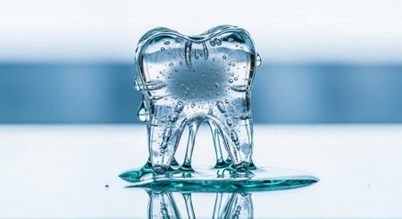 Clear, transparent tooth made ice or water, melting on reflective surface, symbolizing dental hygiene and oral careの素材