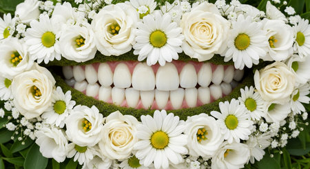 Perfect, healthy smile framed by flowers and green leaves, symbolizing dental care and natural beautyの素材
