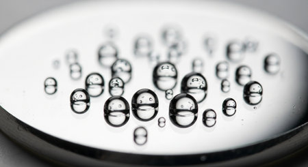 Closeup macro shot numerous small, shimmering mercury droplets on reflective metallic surface, abstractの素材