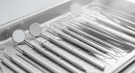 Set sterile dental instruments, including mirrors and probes, arranged neatly in metal tray with water droplets, suggesting hygiene and preparation for dental procedureの素材