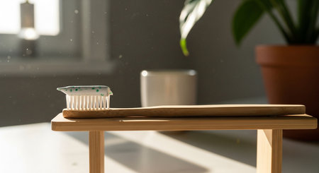 Bamboo toothbrush with toothpaste on wooden stand in soft natural light, promoting ecofriendly dental hygiene practices and healthy lifestyleの素材