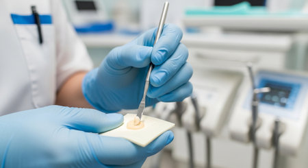 Closeup dentists hands in blue gloves preparing dental material with tool on sterile padの素材
