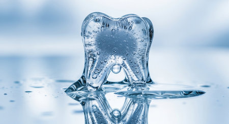 Clear ice sculpture in the shape human tooth melting on reflective surface with water droplets, representing dental cold sensationの素材