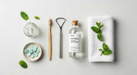 Overhead view dental hygiene products including toothbrush, tongue scraper, mouthwash, and mint tablets, arranged with fresh mint leaves and towel, isolated onの素材