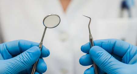 Closeup dentists gloved hands holding dental instruments, mirror and probe, ready for dental examination or procedureの素材