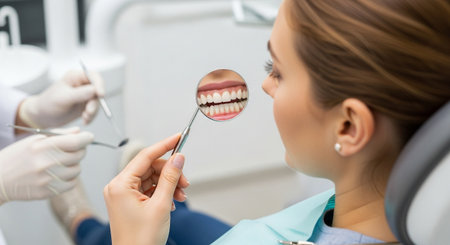 Dentist using mirror to show patient her teeth with braces, focusing on dental care and orthodontic treatmentの素材
