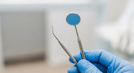 Closeup gloved hand holding dental instruments, mirror and probe, in dentists office, representing examination and treatmentの素材