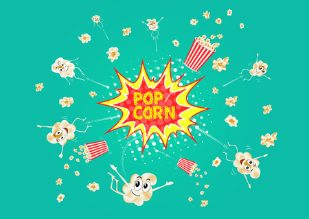 Exsploding popcorn. Cartoon happy cute popcorn character for fastfood design. Popcorn vector illustration.のイラスト素材