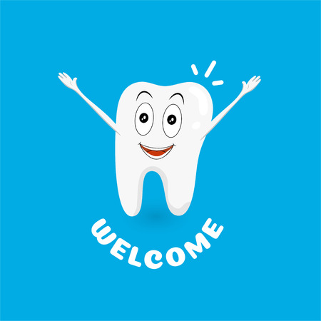 White and healthy tooth welcomes visitors. Happy and healthy smile. Cartoon character hands up. Can be used for posters, banners and other advertising.のイラスト素材