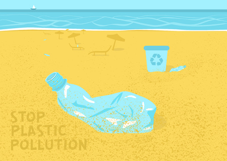 Stop plastic pollution, agitation poster. Ecological concept poster. Plastic crumpled bottles scattered the beach. Sign recycle garbage. People do not throw garbage in the urn. Vector illustration.のイラスト素材