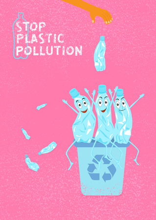 Stop plastic pollution. Ecological concept poster with funny characters from crumpled plastic bottle. Sign recycle garbage. The human hand throws garbage in an urn. Vector illustration.のイラスト素材