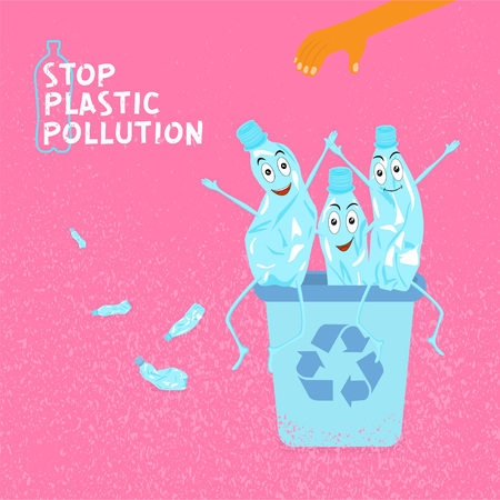 Stop plastic pollution. Ecological concept poster with funny characters from crumpled plastic bottle. Sign recycle garbage. The human hand throws garbage in an urn. Vector illustration.のイラスト素材
