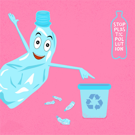 Stop plastic pollution, agitation poster.Ecological concept poster with funny cartoon character from crumpled plastic bottle. Sign recycle garbage. Plastic recycling.Do not litter. Vector illustration.のイラスト素材