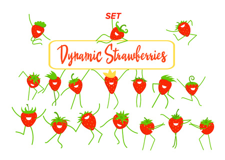 Funny cartoon dynamic strawberry set. Flat design. Positive characters are suitable for festivals, posters, banners and other advertising. Vector illustration.のイラスト素材
