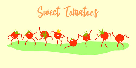 Funny cartoon sweet tomatoes are dancing. Celebration of the harvest, increasing sales of tomatoes concept.Modern flat design. Positive characters are suitable for any advertising.Vector illustration.のイラスト素材