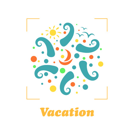 Summer travel vacation logo concept in shape of a circle. Seaside resort, waves, ship, sun and birds. Paradise beach color graphic sign. Vector abstract illustration.のイラスト素材