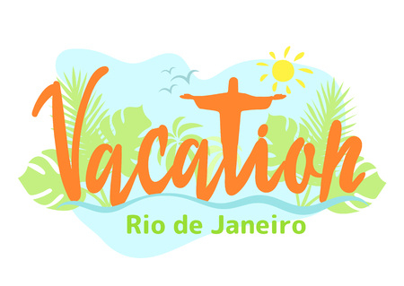 Summer travel vacation Rio de Janeiro image concept . Lettering with a statue of Jesus Christ, waves, birds, sun and palm trees. Paradise place color graphic image. Vector abstract illustration.のイラスト素材