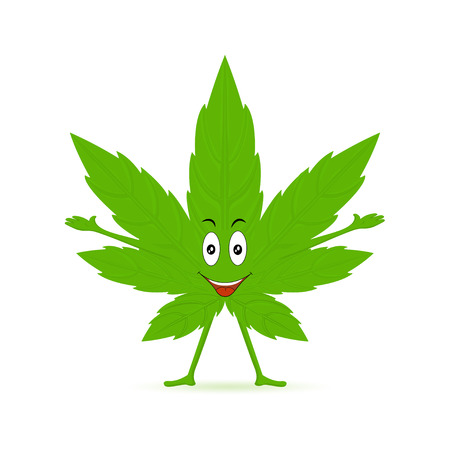 Cannabis cartoon fun character. Funny smiling happy marijuana weed green leaf face. Medical, ganja cannabis. Vector illustration Isolated on white background.のイラスト素材