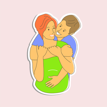 A man hugs a pregnant woman. Parents are expecting a child. Sticker vector illustrationのイラスト素材