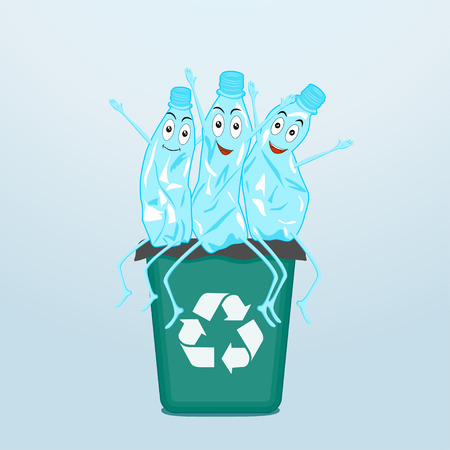 Stop plastic pollution, agitation poster.Ecological concept poster with funny cartoon character from crumpled plastic bottle. Sign recycle garbage. Plastic recycling.Do not litter. Vector illustration.のイラスト素材