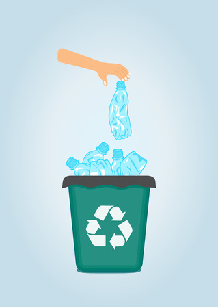 Stop plastic pollution, agitation poster.Ecological concept poster with funny cartoon character from crumpled plastic bottle. Sign recycle garbage. Plastic recycling.Do not litter. Vector illustration.のイラスト素材