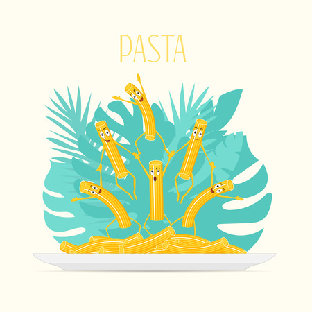 Pasta on a plate. Funny pasta, cartoon characters smile and laugh on leaves background. Vector illustrationのイラスト素材