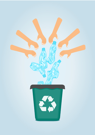 Stop plastic pollution, agitation poster.Ecological concept poster with funny cartoon character from crumpled plastic bottle. Sign recycle garbage. Plastic recycling.Do not litter. Vector illustration.のイラスト素材