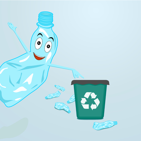 Stop plastic pollution, agitation poster.Ecological concept poster with funny cartoon character from crumpled plastic bottle. Sign recycle garbage. Plastic recycling.Do not litter.Vector illustration.のイラスト素材