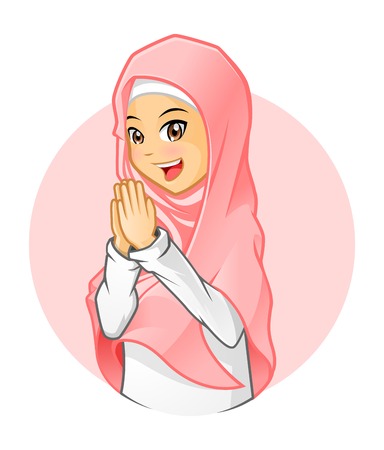 High Quality Muslim Girl Wearing Pink Veil with Welcoming Armsのイラスト素材