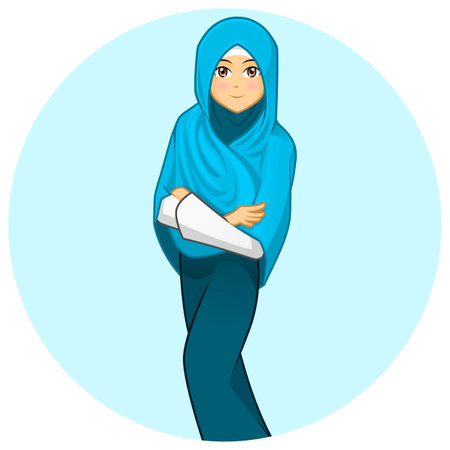 High Quality Modern Muslim Woman with Folded Arms Wearing Blue Veil Vector Cartoon Illustrationのイラスト素材