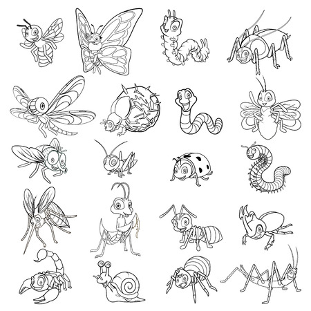 Set of Insect Cartoon Character Line Art Vector Illustration include ant, bee, beetle, butterfly, caterpillar, dragonfly, firefly, fly, grasshopper, ladybug, mantis, millipede, mosquito, scorpion, snail, spider, worm, stick insect, dung beetleのイラスト素材