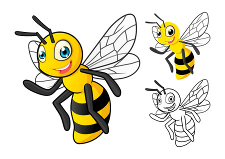 High Quality Detailed Honey Bee Cartoon Character with Flat Design and Line Art Black and White Version Vector Illustrationのイラスト素材