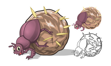 High Quality Detailed Dung Beetle Cartoon Character with Flat Design and Line Art Black and White Version Vector Illustrationのイラスト素材