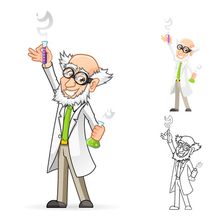High Quality Scientist Cartoon Character Holding a Beaker and Test Tube with One Hand Raised and Feeling Great Include Flat Design and Line Art Versionのイラスト素材