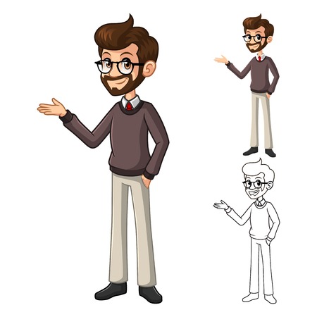 Businessman Hipster Geek with Welcoming Arms Pose Cartoon Character Include Flat Design and Line Art Version Vector Illustrationのイラスト素材