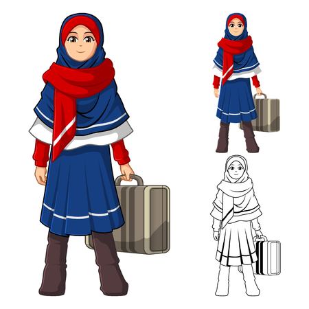 Muslim Girl Fashion Wearing Blue Red Veil or Scarf with Holding a Suitcase and Winter Outfit Include Flat Design and Outlined Version Cartoon Character Vector Illustrationのイラスト素材