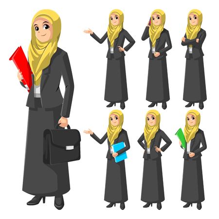 Set of Modern Muslim Businesswoman Wearing Yellow Veil or Scarf Cartoon Character Vector Illustrationのイラスト素材