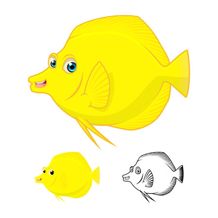 High Quality Yellow Tang Fish Cartoon Character Include Flat Design and Line Art Version Vector Illustrationのイラスト素材