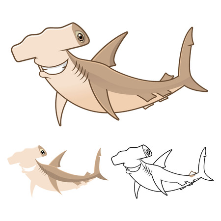 High Quality Hammerhead Shark Cartoon Character Include Flat Design and Line Art Version Vector Illustrationのイラスト素材