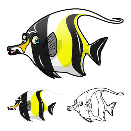 High Quality Moorish Idol Cartoon Character Include Flat Design and Line Art Version Vector Illustrationのイラスト素材