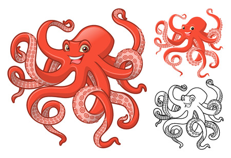 High Quality Octopus Cartoon Character Include Flat Design and Line Art Version Vector Illustrationのイラスト素材