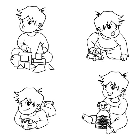 Babies Playing Toys Cartoon Character Outline Line Art Illustrationのイラスト素材