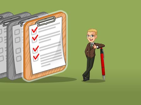 Blonde businessman in brown suit cartoon character design leaning a pen with completed checklists on paper, against green background.のイラスト素材