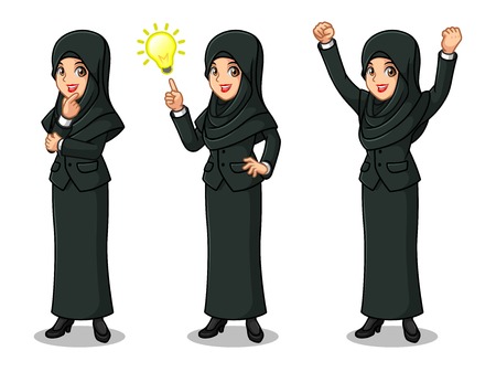 Set of businesswoman in black suit with veil get great idea inspiration light bulb, thinking thoughtful gesture, and celebrating victory  with raised up arms.のイラスト素材